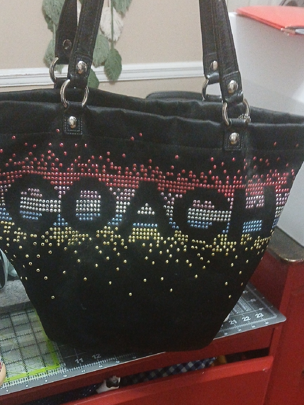 Coach Black Tote with Red, Yellow and Blue Stud Gradient